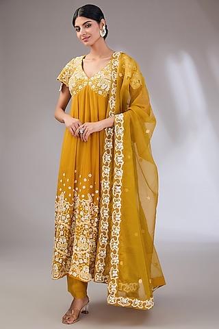 mustard crepe machine embroidered anarkali set