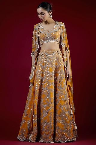 mustard crepe mirror & pearl hand embroidered lehenga set