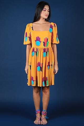 mustard crepe printed dress