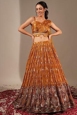 mustard crepe printed lehenga set