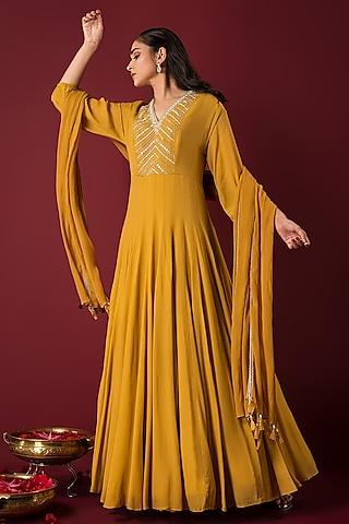 mustard crepe resham embroidered anarkali set