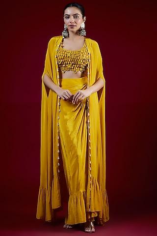 mustard crepe silk mirror cape set