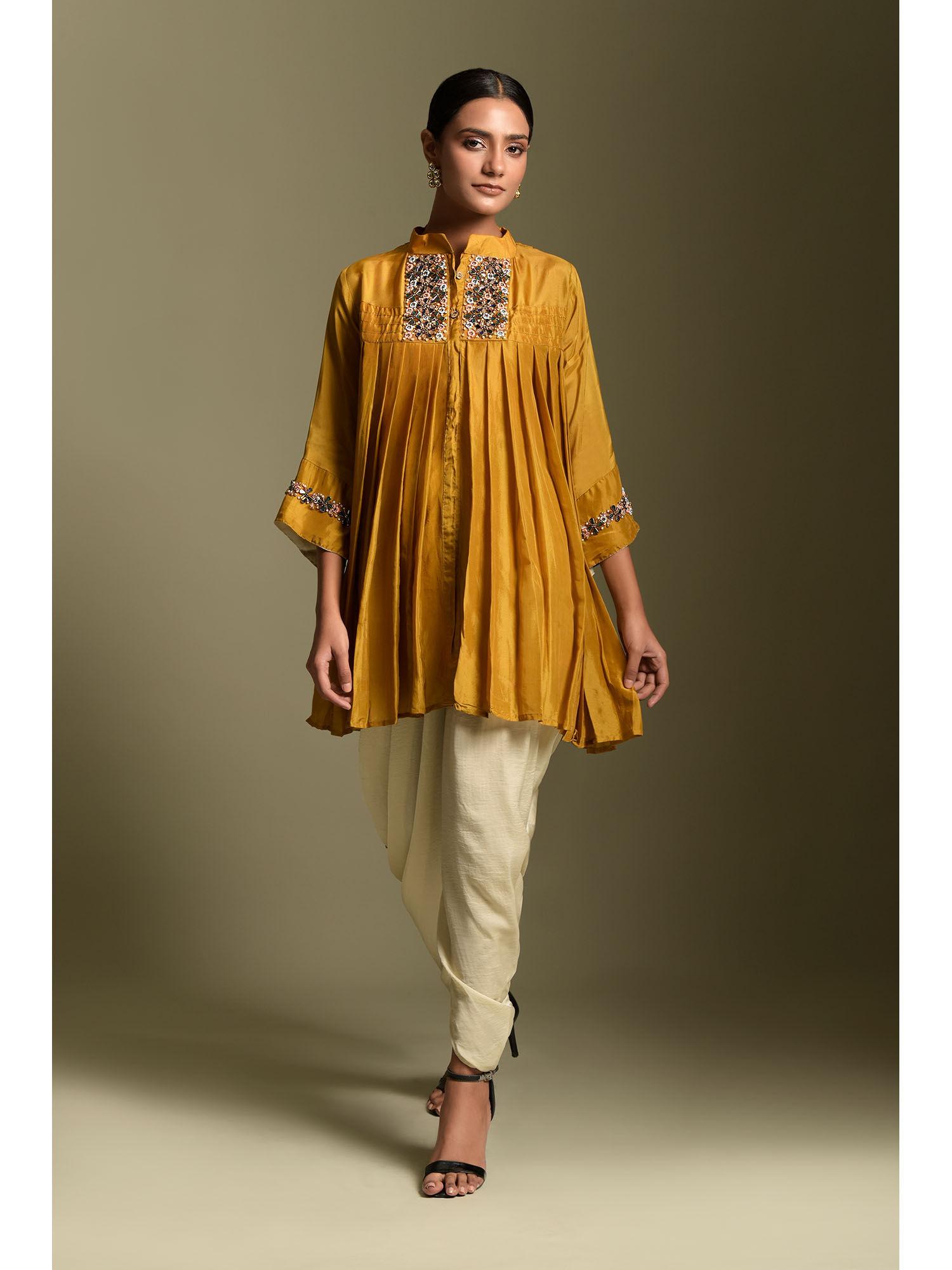 mustard crepe tunic with cowled pant (set of 2)