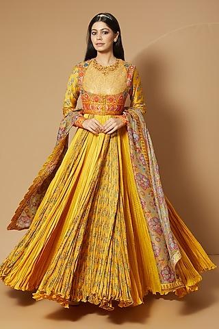 mustard crushed chanderi anarkali set