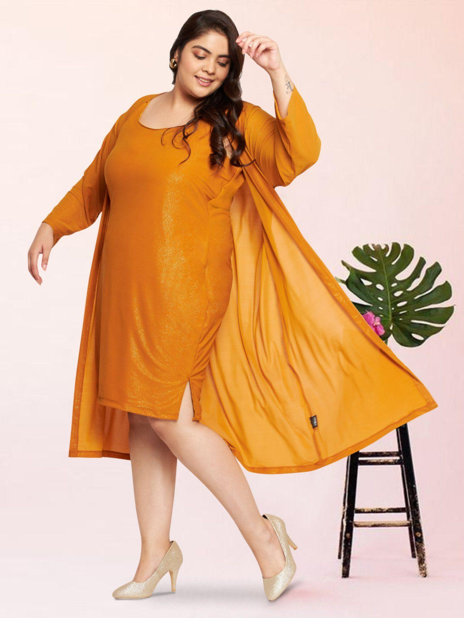 mustard curve plus size shimmer shrug with dress set