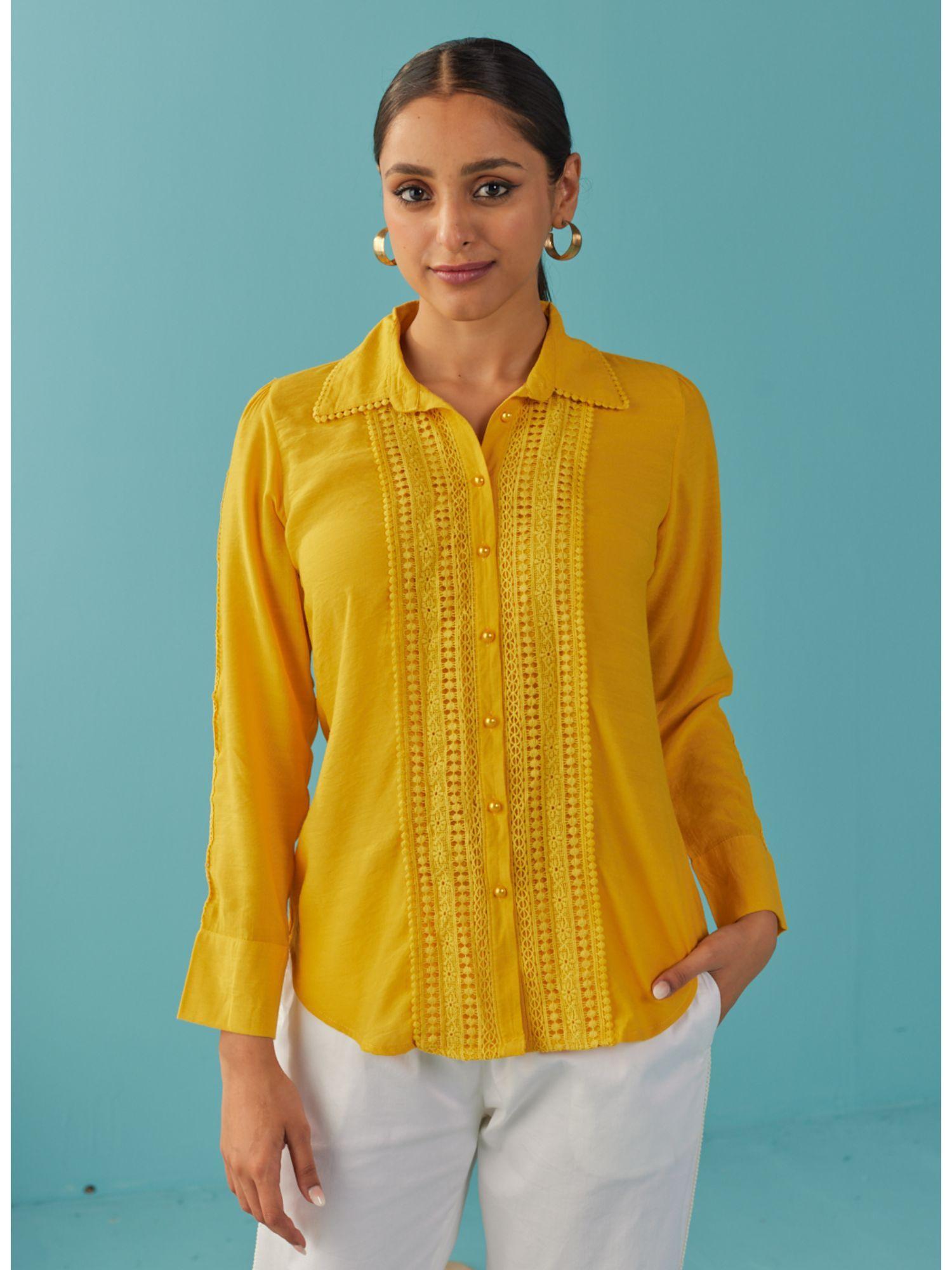 mustard cut work classic shirt with beads button