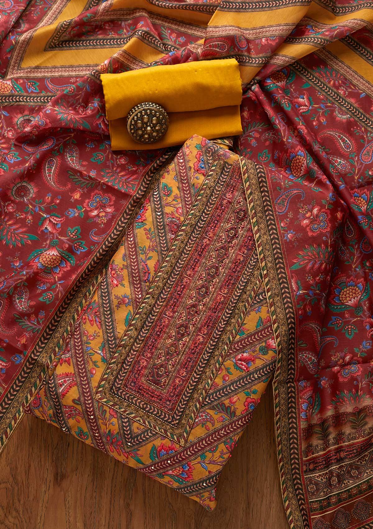 mustard cutdana chanderi unstitched salwar suit