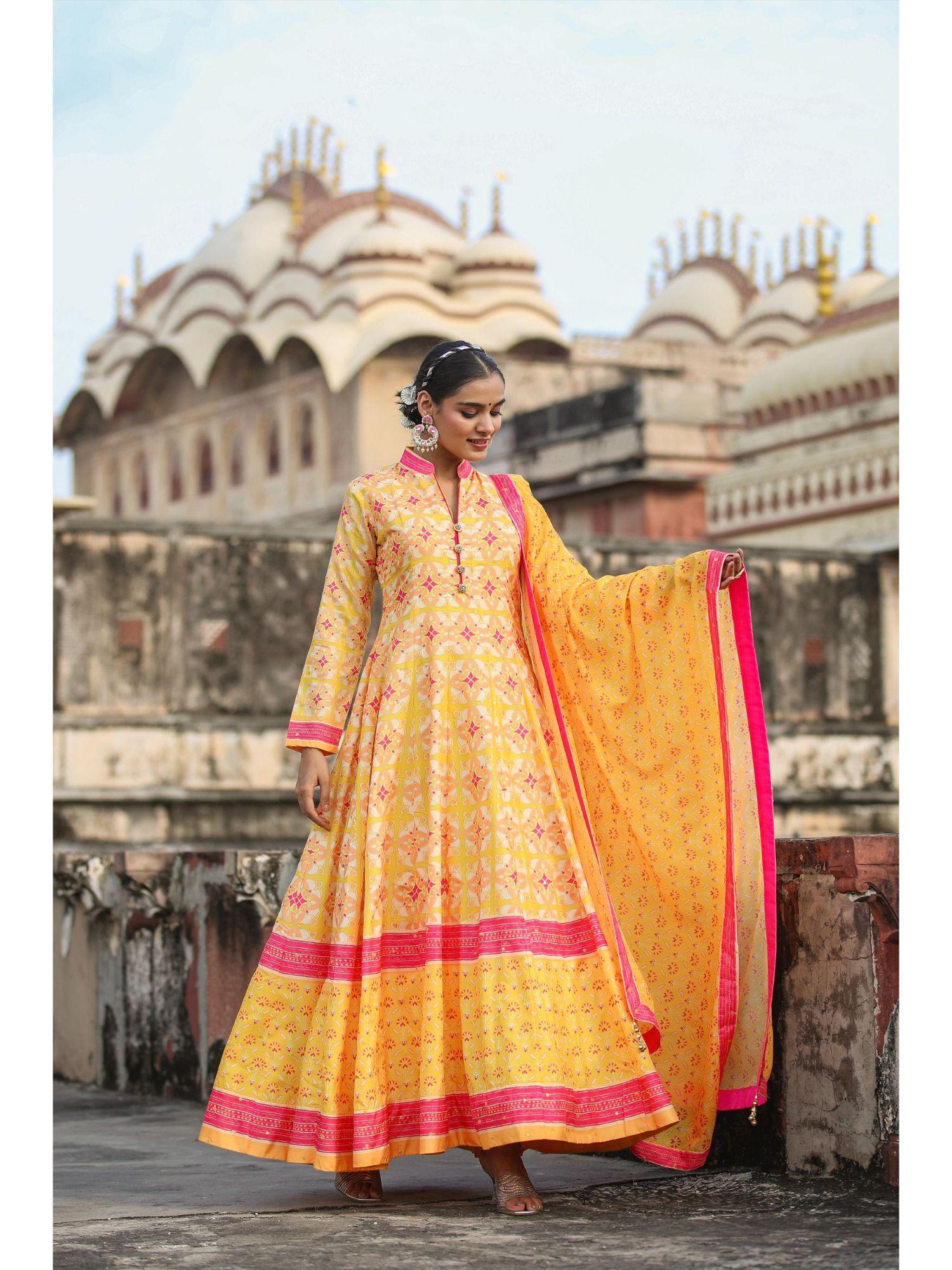 mustard dola silk printed anarkali gown with cotton silk printed dupatta (set of 2)