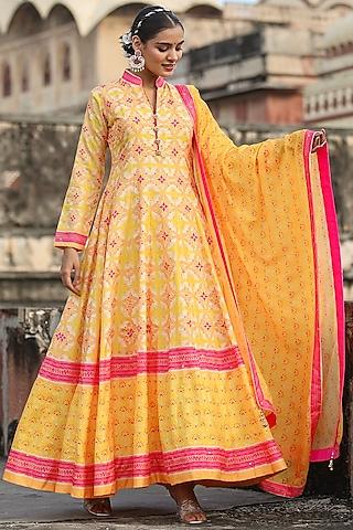 mustard dola silk printed anarkali set