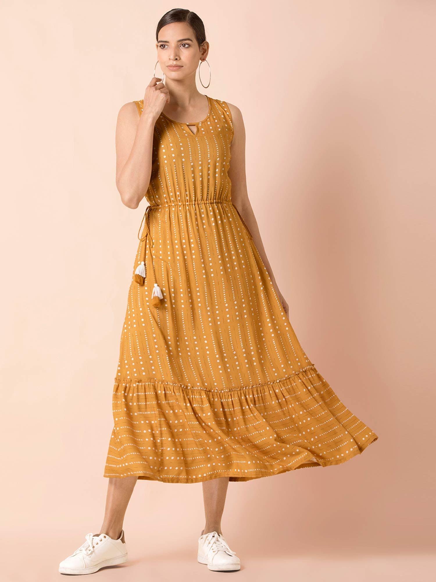 mustard dotted flared frilled dress