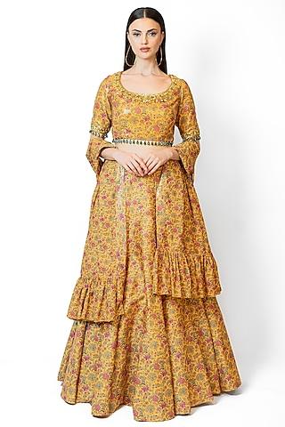 mustard dupion silk & net printed lehenga set