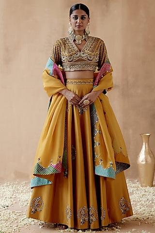 mustard dupion silk embellished lehenga set