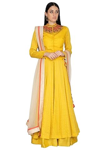 mustard embellished anarkali set