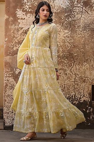 mustard embellished anarkali set