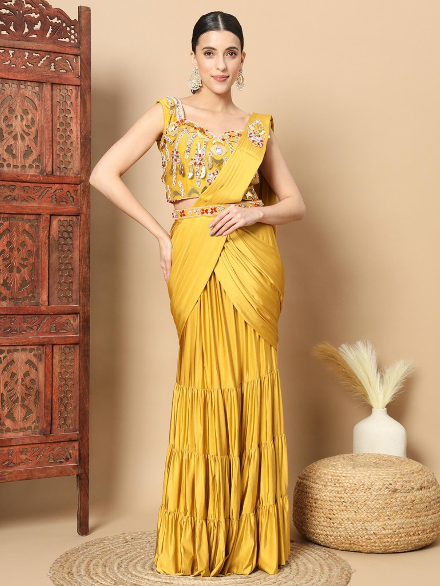 mustard embellished pre-draped saree with stitched blouse & belt