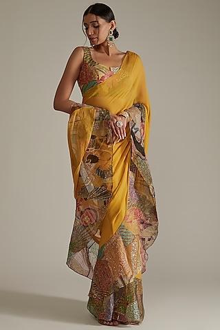 mustard embellished saree set