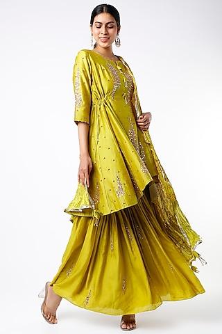 mustard embellished short asymmetrical anarkali set