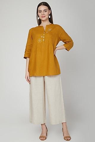 mustard embroidered & pintucked blouse