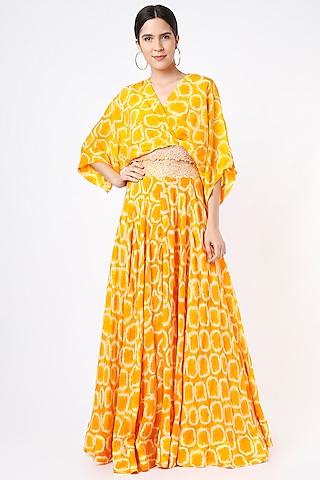 mustard embroidered & printed lehenga set