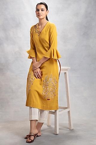 mustard embroidered & printed straight kurta set