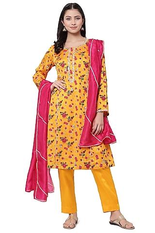 mustard embroidered & printed tunic set
