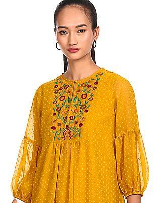 mustard embroidered a-line dress