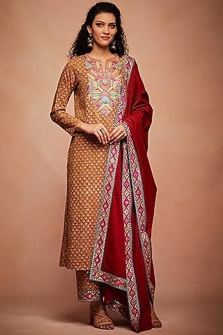 mustard embroidered a-line kurta set