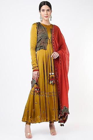mustard embroidered anarkali set with waiscoat