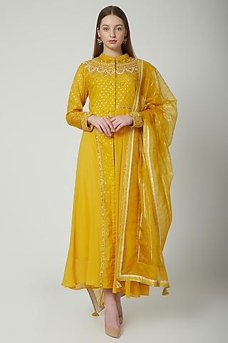 mustard embroidered anarkali set