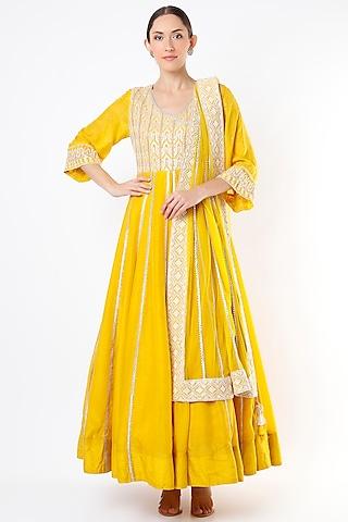 mustard embroidered anarkali set