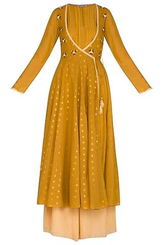 mustard embroidered anarkali set