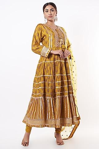 mustard embroidered anarkali set