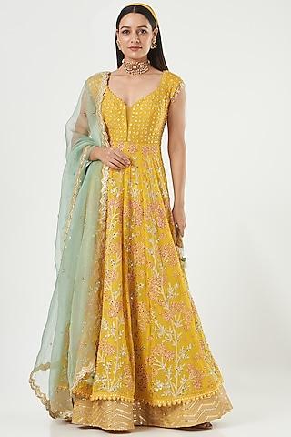 mustard embroidered anarkali set