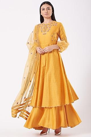 mustard embroidered anarkali set