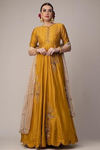 mustard embroidered anarkali set