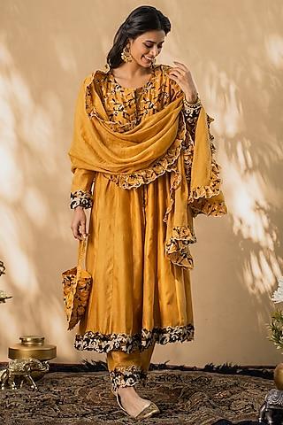 mustard embroidered anarkali set