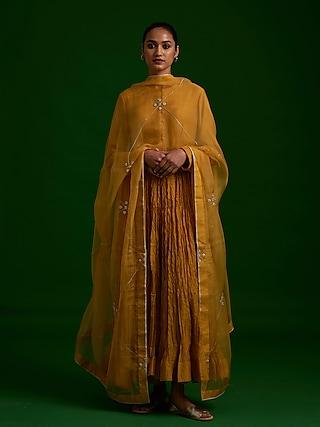 mustard embroidered anarkali set