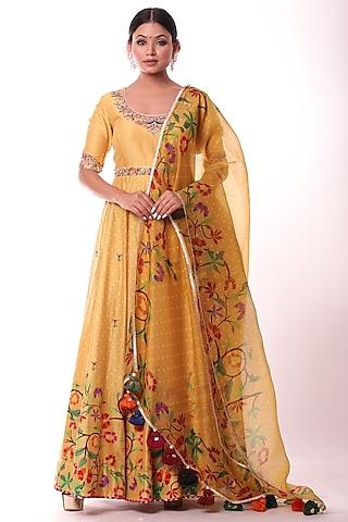 mustard embroidered anarkali set