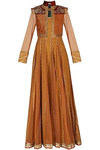 mustard embroidered anarkali with churidar pants