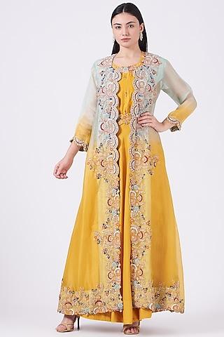 mustard embroidered anarkali with jacket
