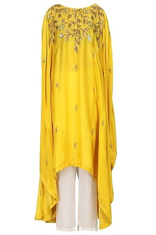 mustard embroidered asymmetric tunic with pants set