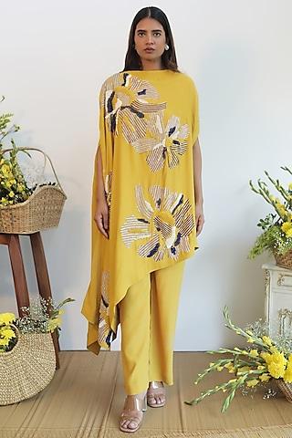 mustard embroidered asymmetrical kurta set