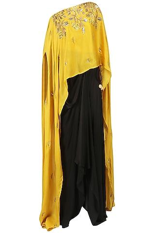 mustard embroidered cape and drape skirt set