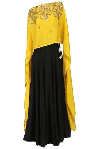 mustard embroidered cape and skirt set