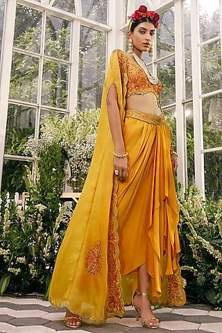 mustard embroidered cape set