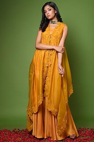 mustard embroidered cape set