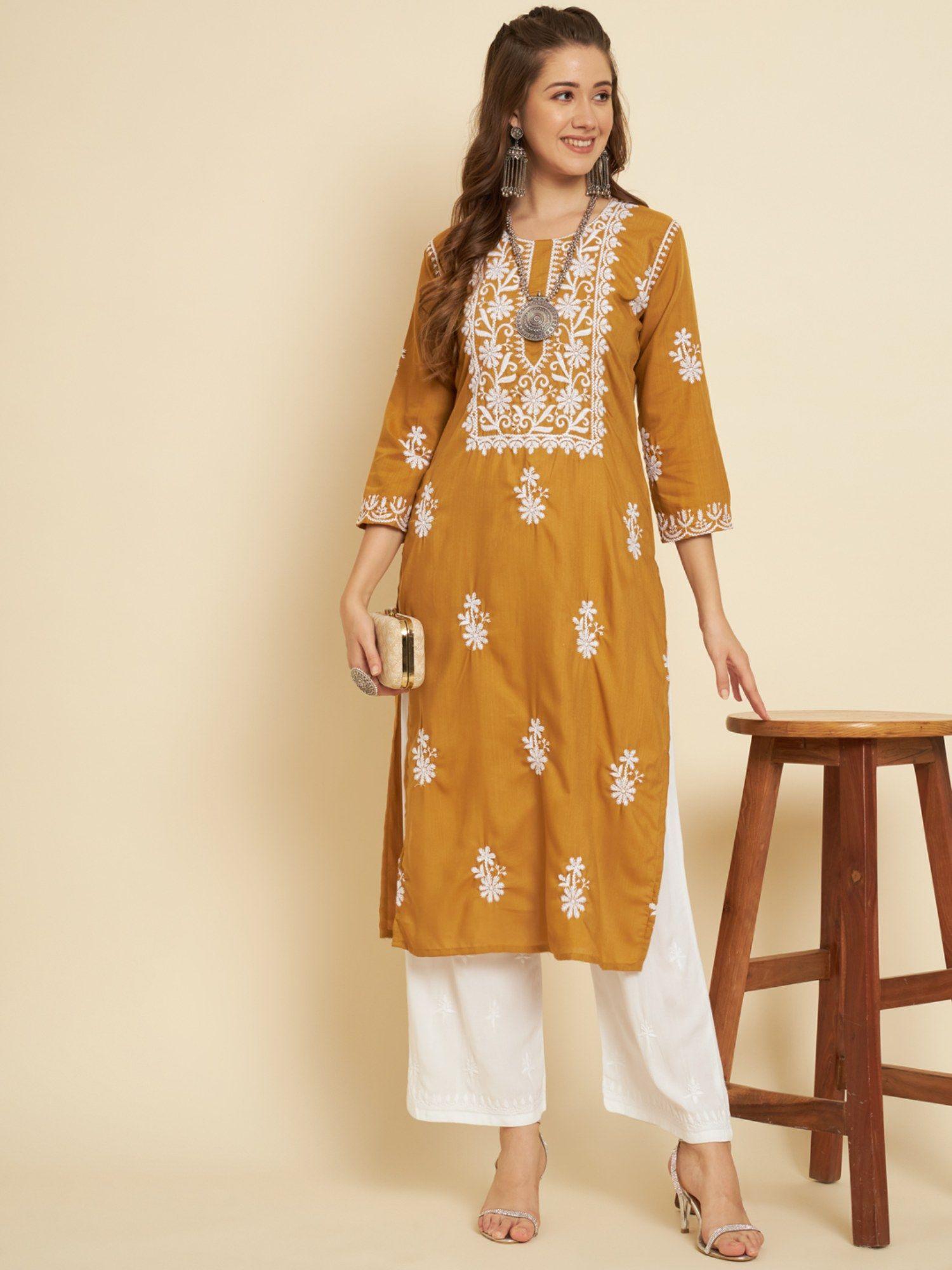 mustard embroidered cotton chikankari straight kurta