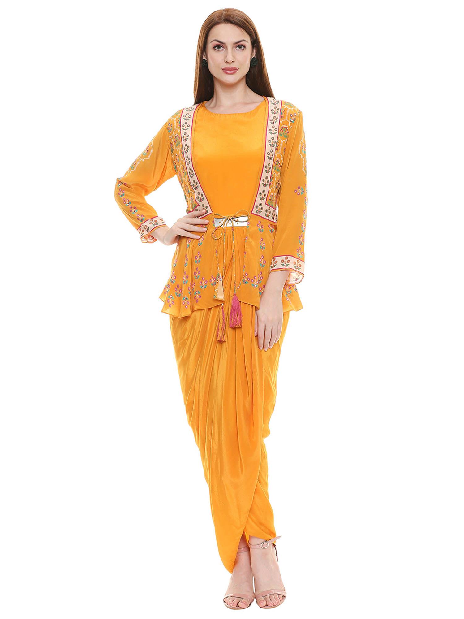 mustard embroidered dress with jacket (set of 2)