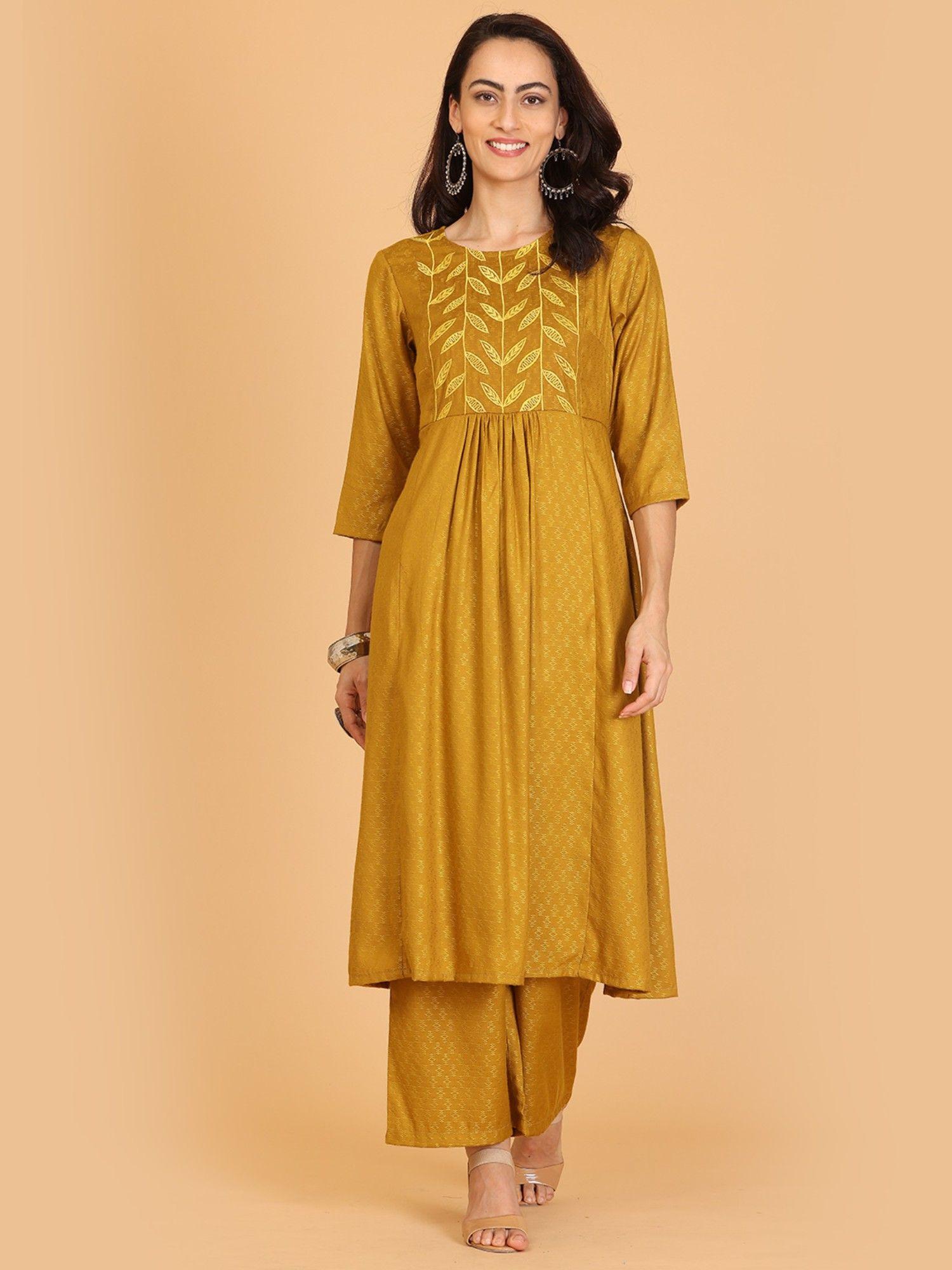 mustard embroidered flayred kurta with pant (set of 2)