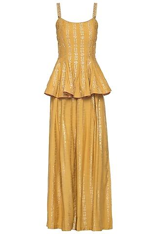 mustard embroidered foil print peplum top with palazzo pants set